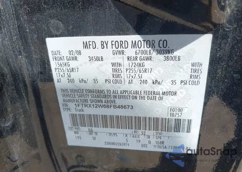 2008 Ford F-150 Fx2/Stx/Xl/Xlt z USA, uszkodzony, nr VIN 1FTRX12W68FB48673